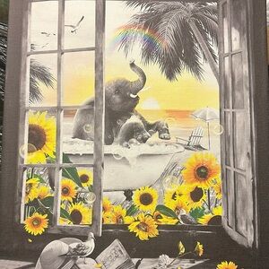 Adorable Sunflower Beach Elephant in bathtub tub bathroom Canvas Wall Art Yellow